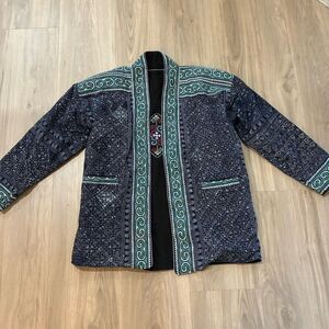 Vtg Thai Hmong Tribal Reversible Coat Jacket Sz. L Cotton Handwoven Cross Stitch